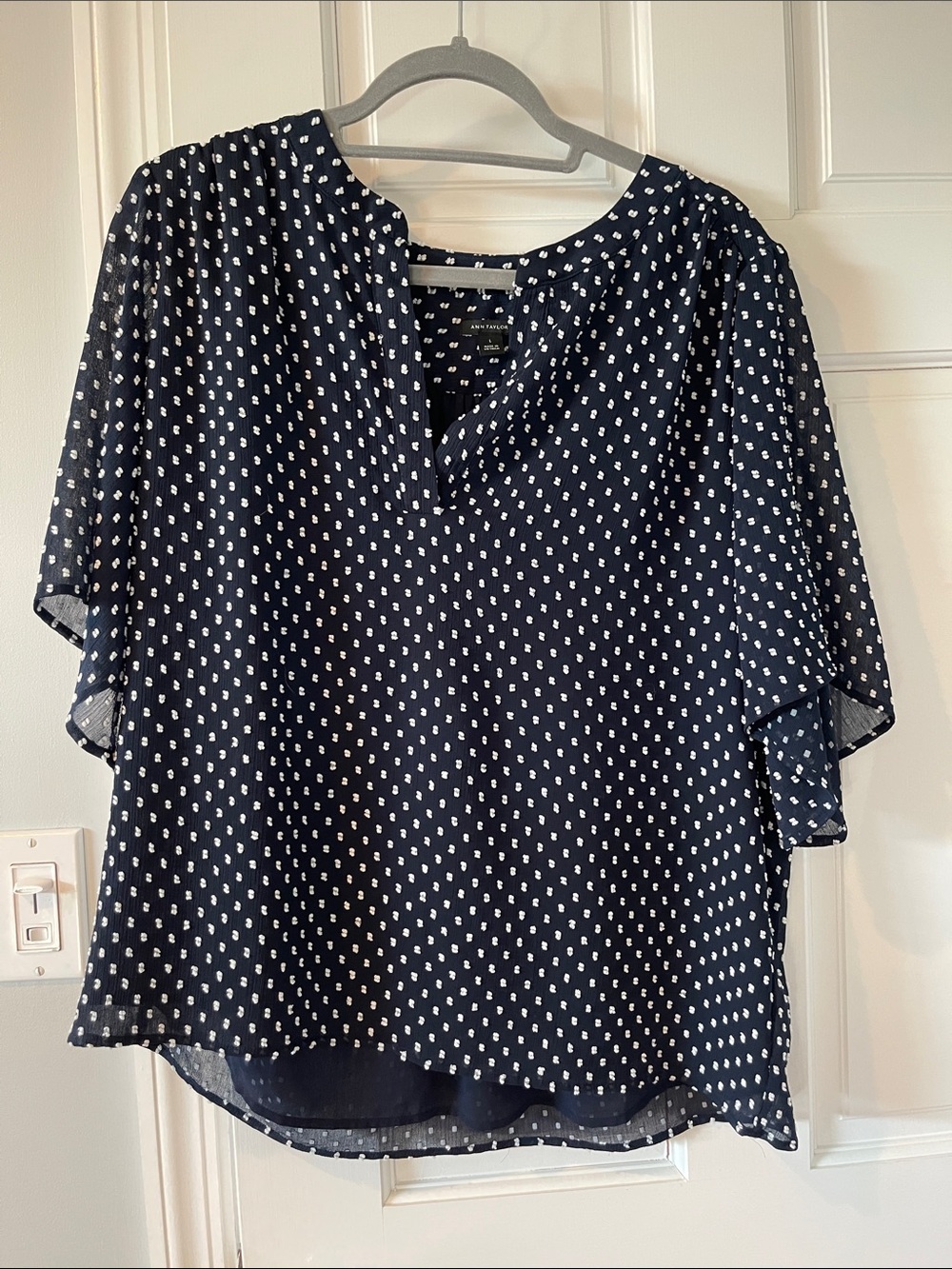 Ann Taylor Navy and White Polka Dot Blouse